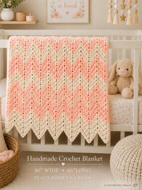 Vintage Handmade Crochet Chevron Afghan Blanket – Peach sorbet (Pink) & Cream 40
